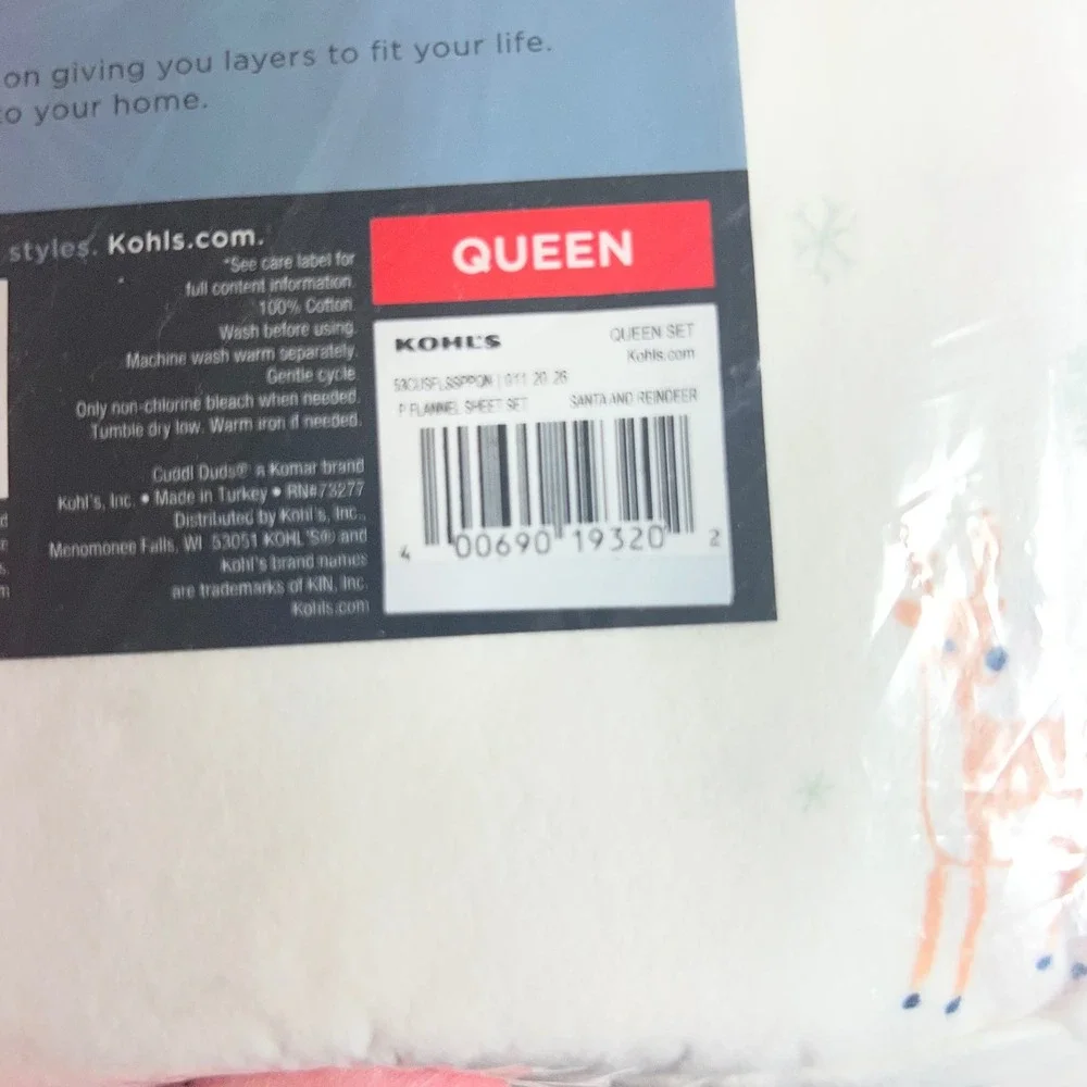 Cuddl Duds Heavyweight Flannel Queen Sheet Set BrushedCotton‎ Santa Reindeer NIP